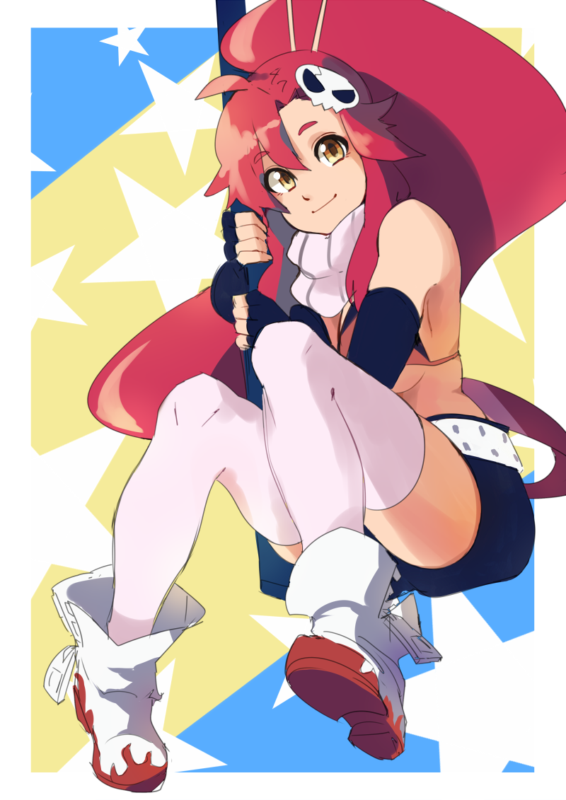 1girl azuumori bare_shoulders black_gloves black_shorts boots border closed_mouth commentary english_commentary fingerless_gloves gloves gun holding holding_gun holding_weapon long_hair looking_at_viewer orange_eyes pink_legwear ponytail redhead short_shorts shorts sitting smile solo starry_background tengen_toppa_gurren_lagann thigh-highs very_long_hair weapon white_border white_footwear yoko_littner