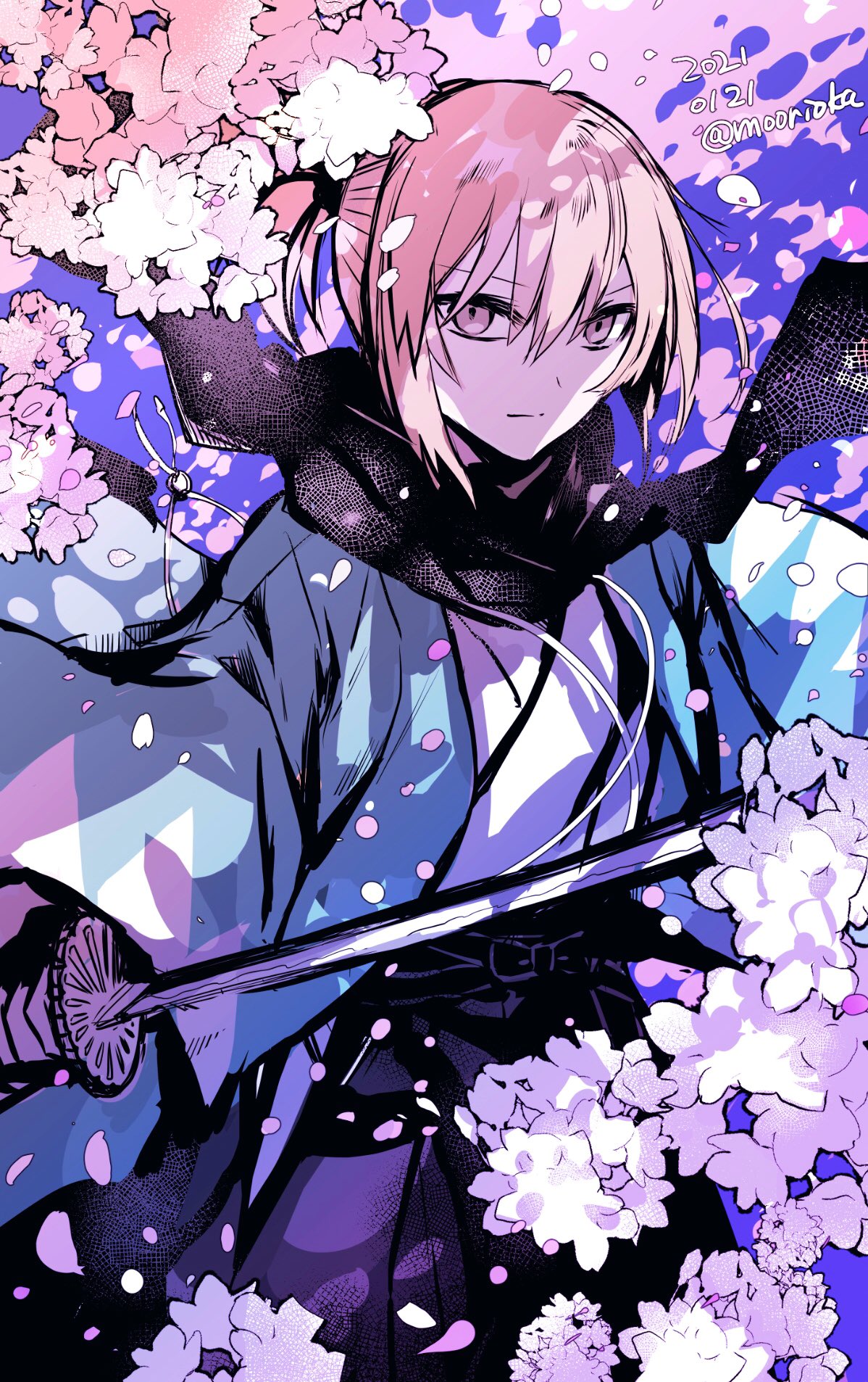 1girl arm_guards bangs black_hakama black_scarf blonde_hair cherry_blossoms closed_mouth fate/grand_order fate_(series) grey_eyes hair_between_eyes hakama haori highres japanese_clothes katana kimono koha-ace long_sleeves looking_at_viewer obi okita_souji_(fate) okita_souji_(fate)_(all) ponytail rioka_(southern_blue_sky) sash scarf short_hair short_ponytail sidelocks solo sword weapon wide_sleeves