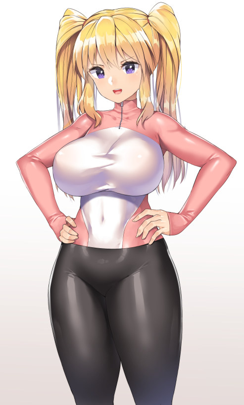 1girl blonde_hair bodysuit breasts covered_navel hands_on_hips large_breasts long_hair nagase_haruhito open_mouth original pants simple_background skin_tight solo stomach taut_clothes thick_thighs thighs tight tight_pants twintails violet_eyes white_background zipper