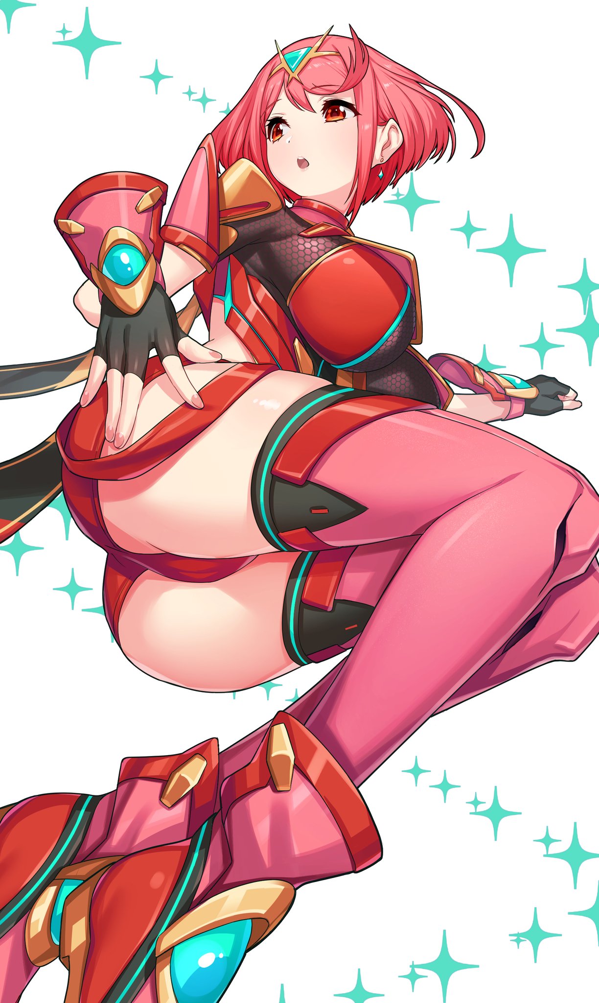 1girl breasts gloves green322 highres jewelry large_breasts pyra_(xenoblade) red_eyes redhead short_hair skindentation solo xenoblade_chronicles_(series) xenoblade_chronicles_2