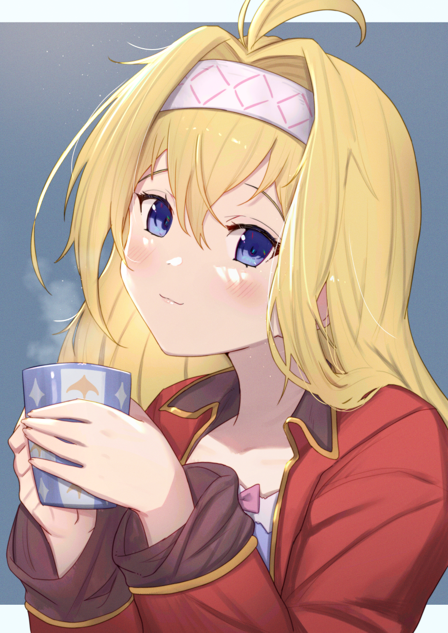 1girl ahoge blonde_hair blue_eyes blue_shirt blush bow closed_mouth commentary_request cup granblue_fantasy hair_intakes hairband hands_up highres holding holding_cup jacket jeanne_d'arc_(granblue_fantasy) long_hair long_sleeves mug open_clothes open_jacket pink_bow red_jacket shirt smile solo steam uneg upper_body white_hairband