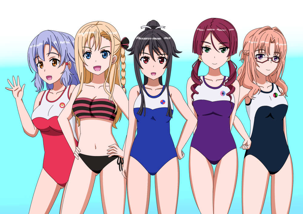 5girls bikini black_hair blonde_hair blue_background blue_eyes glasses green_eyes high_school_fleet hiromon kawano_tsubame long_hair multiple_girls munetani_mashiro nogiwa_keiko nomura_shia one-piece_swimsuit ponytail purple_hair school_swimsuit short_hair strapless strapless_bikini striped striped_bikini swimsuit twintails wilhelmina_braunschweig_ingenohl_friedeburg yellow_eyes