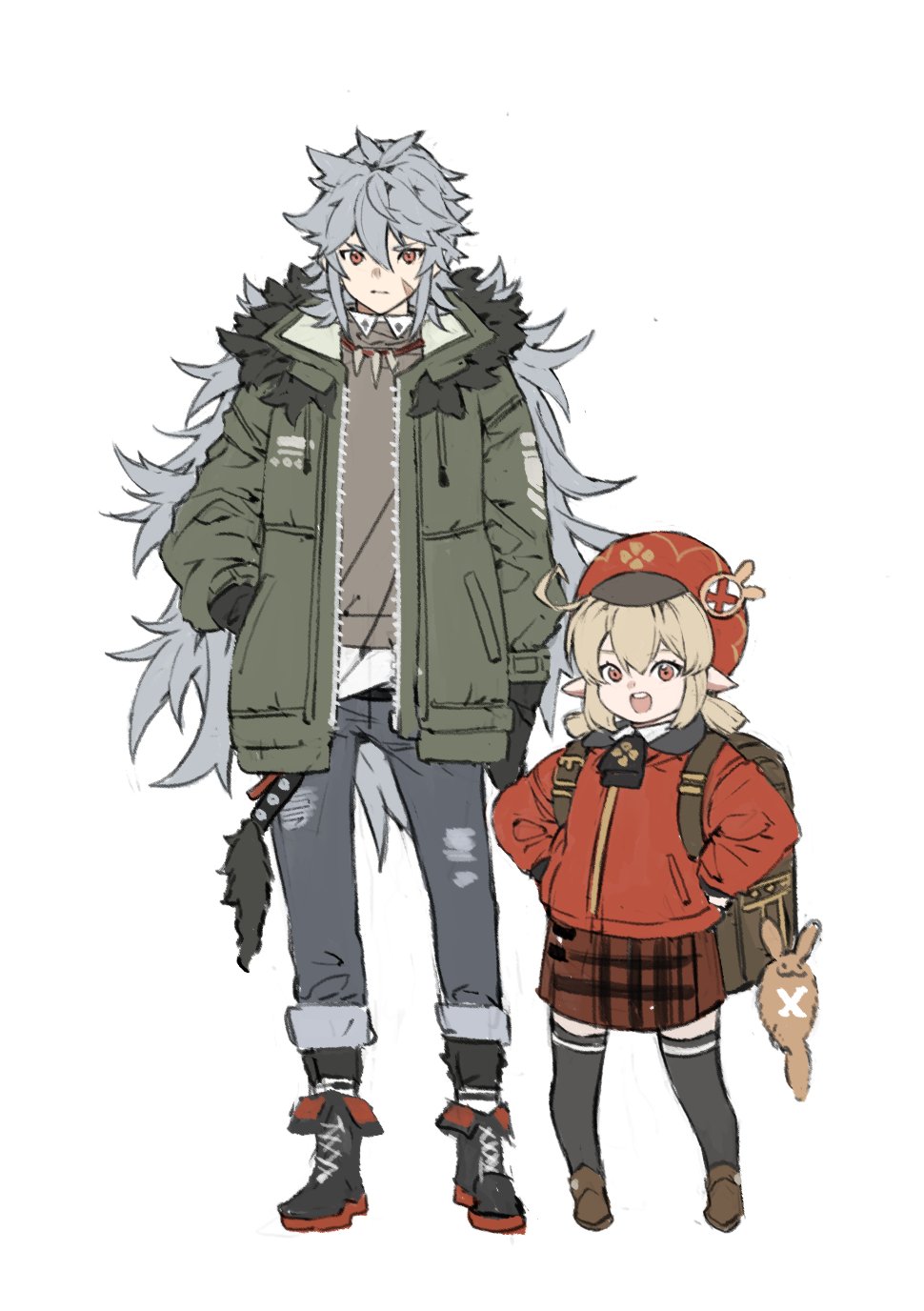 1boy 1girl ahoge alternate_costume backpack bag bangs black_footwear black_gloves black_legwear blonde_hair brown_bag brown_footwear brown_skirt cabbie_hat charm_(object) coat commentary denim fur-trimmed_coat fur_trim genshin_impact gloves green_coat grey_hair hand_in_pocket hands_on_hips hat high_tops highres jacket jeans jennygin2 klee_(genshin_impact) layered_clothing long_hair looking_at_viewer open_clothes open_jacket open_mouth pants pants_rolled_up plaid plaid_skirt pointy_ears randoseru razor_(genshin_impact) red_eyes red_headwear red_jacket scar scar_on_cheek scar_on_face serious short_twintails sidelocks simple_background skirt symbol_commentary thigh-highs tooth_necklace torn_clothes torn_jeans torn_pants twintails upper_teeth white_background zipper