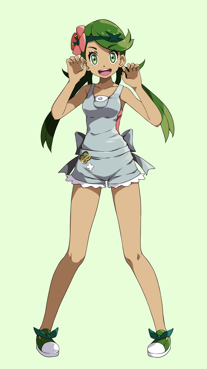 1girl bangs bare_arms claw_pose collarbone commentary eyebrows_visible_through_hair flower full_body green_background green_eyes green_hair grey_overalls hair_flower hair_ornament highres knees legs_apart long_hair looking_at_viewer mallow_(pokemon) open_mouth overalls pink_flower pokemon pokemon_(game) pokemon_sm shoes simple_background smile solo standing swept_bangs teeth tongue tsukishiro_saika twintails