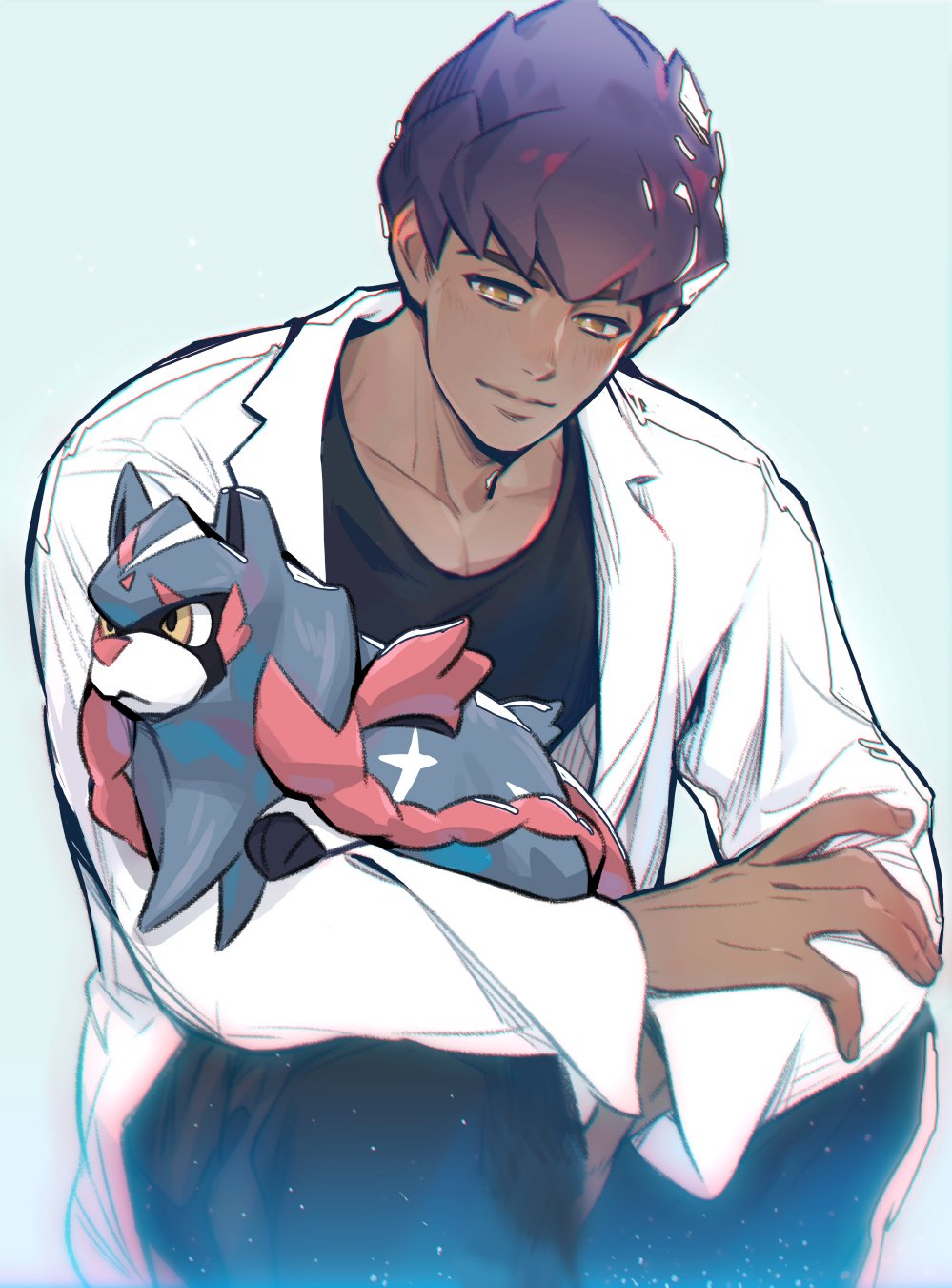 1boy bangs black_pants black_shirt blush closed_mouth commentary_request dark_skin dark_skinned_male gen_8_pokemon highres holding holding_pokemon hop_(pokemon) labcoat legendary_pokemon long_sleeves male_focus mikripkm older pants pokemon pokemon_(creature) pokemon_(game) pokemon_swsh purple_hair shirt short_hair yellow_eyes zacian zacian_(hero)