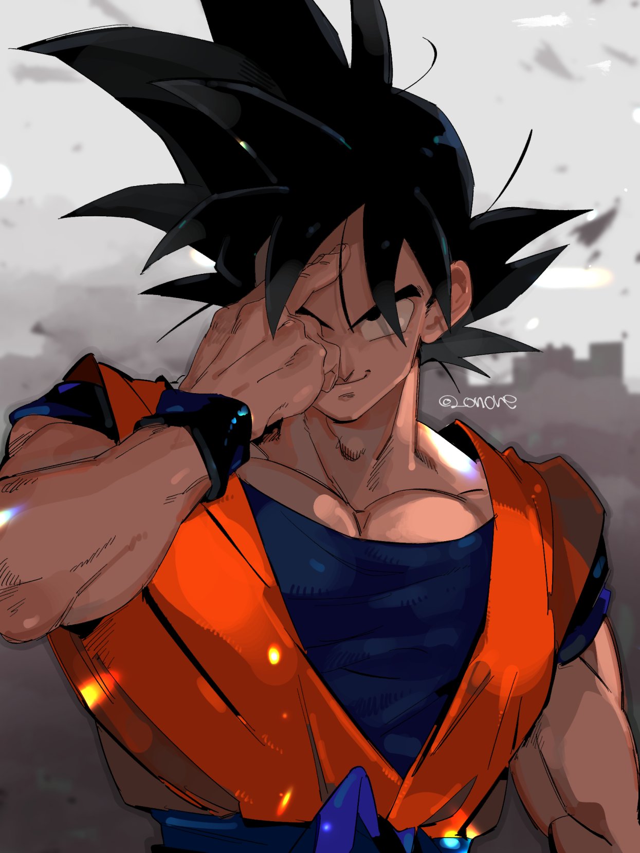1boy arm_at_side black_eyes black_hair blue_shirt blurry blurry_background close-up closed_mouth dougi dragon_ball dragon_ball_z finger_on_forehead finger_to_face fingernails gradient gradient_background grey_background hair_over_one_eye hand_on_own_face hand_over_eye hand_up highres light light_particles looking_at_viewer male_focus messy_hair muscular muscular_male one_eye_covered onore pectorals shaded_face shiny shiny_hair shirt short_sleeves simple_background smile son_goku spiky_hair twitter_username undershirt upper_body wristband