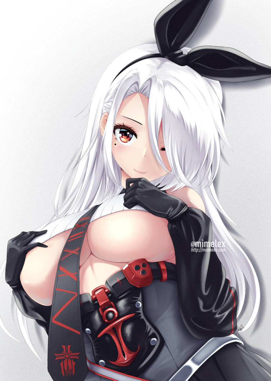 1girl anchor_symbol artist_name azur_lane black_gloves black_neckwear black_skirt black_sleeves breasts crop_top detached_sleeves from_below gloves hair_over_one_eye hair_ribbon hands_on_own_chest high-waist_skirt highres iron_blood_(emblem) large_breasts long_hair looking_at_viewer mimelex mole mole_under_eye necktie one_eye_closed pleated_skirt prinz_heinrich_(azur_lane) red_eyes ribbed_shirt ribbon shirt simple_background skirt solo under_boob very_long_hair white_background white_hair white_shirt