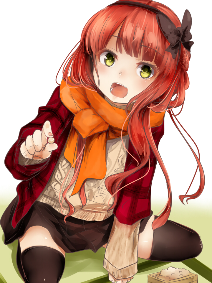 1girl akino_shuu alternate_costume beans de_ruyter_(kantai_collection) eyebrows_visible_through_hair food green_eyes holding holding_food kantai_collection long_hair long_sleeves masu open_mouth orange_scarf redhead scarf simple_background smile solo sweater white_background