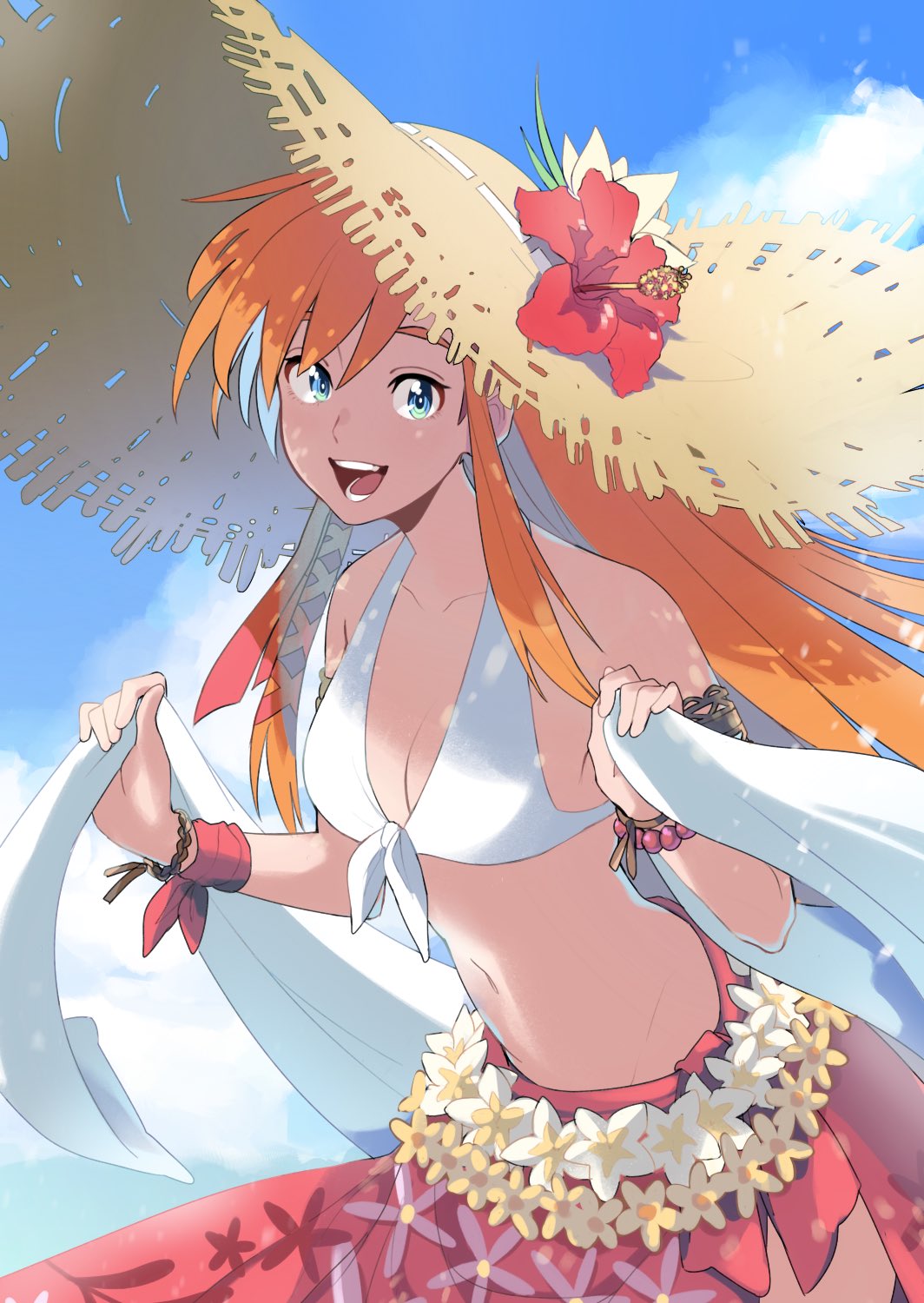 1girl :d azuumori bead_bracelet beads bikini blue_eyes blue_sky bracelet breasts commentary day english_commentary final_fantasy final_fantasy_xiv flower front-tie_bikini front-tie_top hands_up hat hat_flower highres holding jewelry large_breasts long_hair looking_at_viewer navel open_mouth orange_hair outdoors red_flower ryne sarong sky smile solo standing straw_hat swimsuit white_bikini white_flower wristband