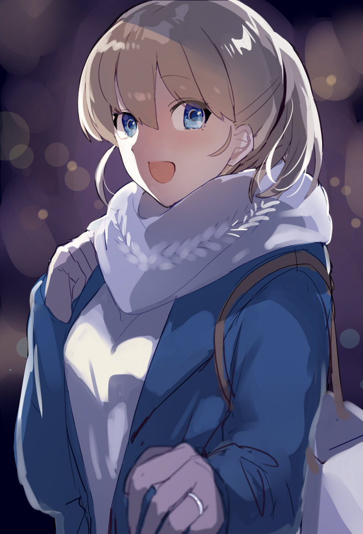 1girl bag blue_eyes brown_hair coat cowboy_shot gloves intrepid_(kantai_collection) jewelry kantai_collection open_mouth picoli1313 ponytail ring scarf short_hair shoulder_bag smile winter winter_clothes winter_coat