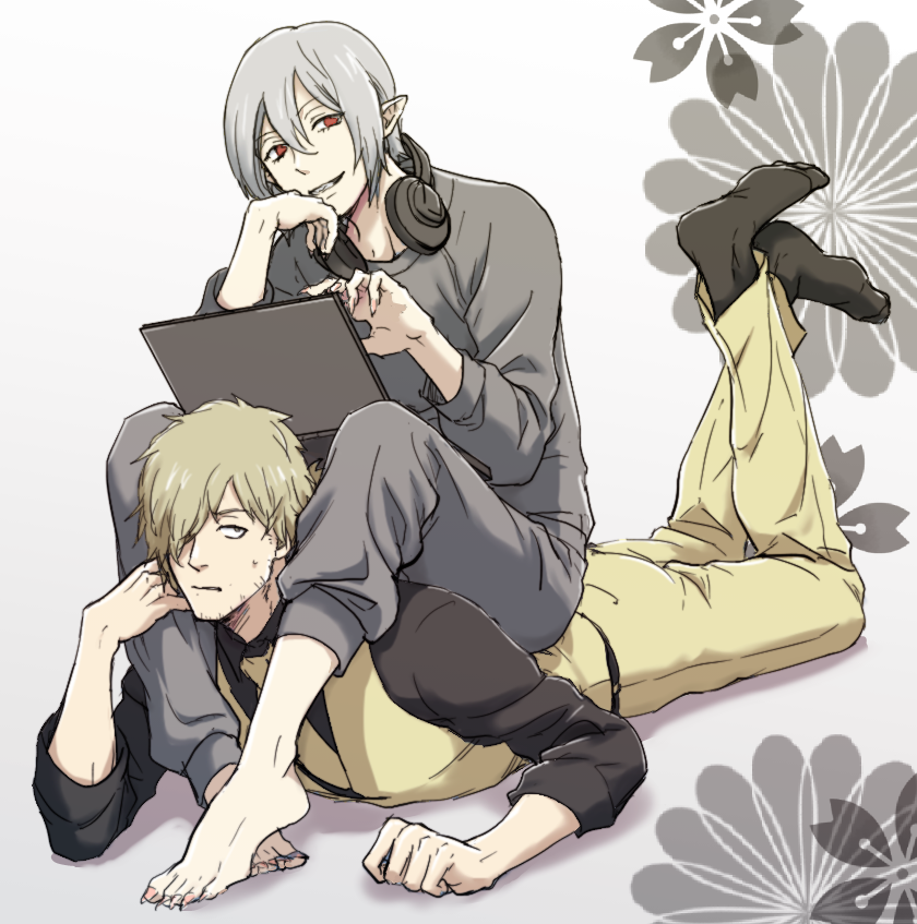 2boys black_legwear computer facial_hair grey_hair grey_pants hair_between_eyes hair_over_one_eye headphones headphones_around_neck inugami_kohachi kemono_jihen laptop long_sleeves looking_at_viewer lying mihai_florescu moyo_(inuchiyo) multiple_boys necktie on_stomach pants pointy_ears red_eyes simple_background stubble the_pose vest