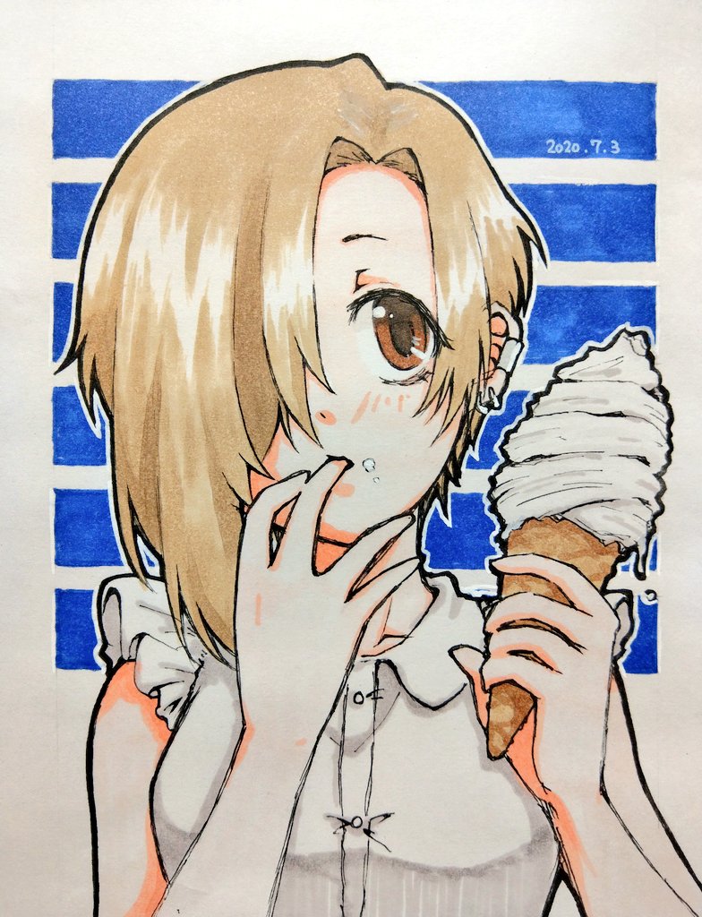 1girl blonde_hair brown_hair ear_piercing finger_in_mouth food food_on_face hair_over_one_eye holding holding_food ice_cream idolmaster idolmaster_cinderella_girls mutsuki_(t_mu-na) piercing shirasaka_koume shirt short_hair soft_serve solo upper_body white_shirt