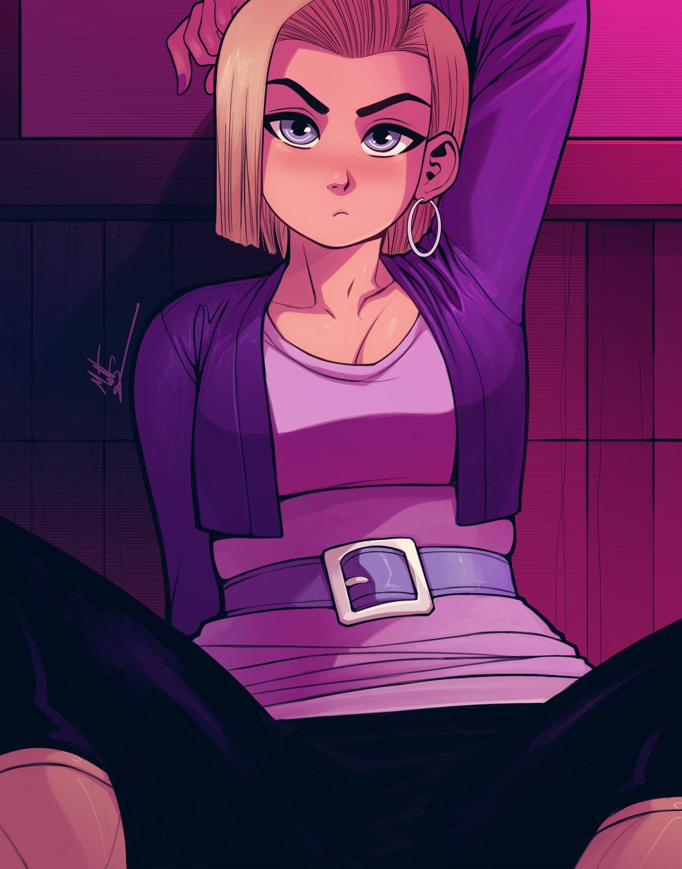 1girl android_18 arm_up belt black_pants blonde_hair blue_eyes blush breasts cardigan dragon_ball dragon_ball_z earrings highres hoop_earrings jewelry looking_at_viewer matt_(ex-mile) medium_breasts pants pink_shirt purple_belt purple_cardigan shirt short_hair sitting solo upper_body