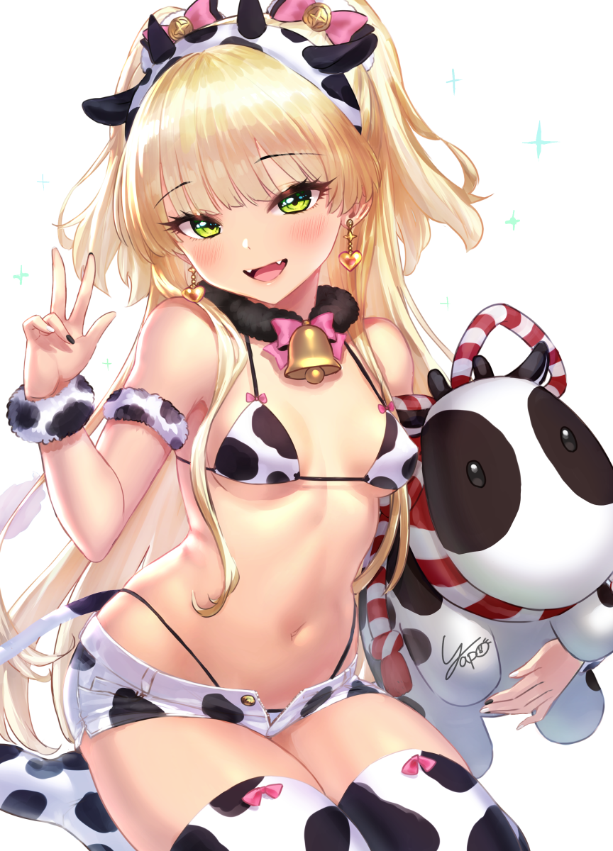 1girl :d animal_ears animal_print artist_name bell black_nails blonde_hair blush bow bowtie breasts chinese_zodiac cow_ears cow_horns cow_print cowbell earrings eyebrows_visible_through_hair fake_animal_ears fake_horns fangs fur_trim green_eyes hand_up heart heart_earrings highres holding holding_stuffed_toy horns idolmaster idolmaster_cinderella_girls jewelry jougasaki_rika long_hair looking_at_viewer nail_polish navel no_shoes open_mouth pink_hair short_shorts shorts signature simple_background sitting small_breasts smile solo stuffed_animal stuffed_cow stuffed_toy thigh-highs thighs two_side_up w wariza white_background white_legwear white_shorts yapo_(croquis_side) year_of_the_ox