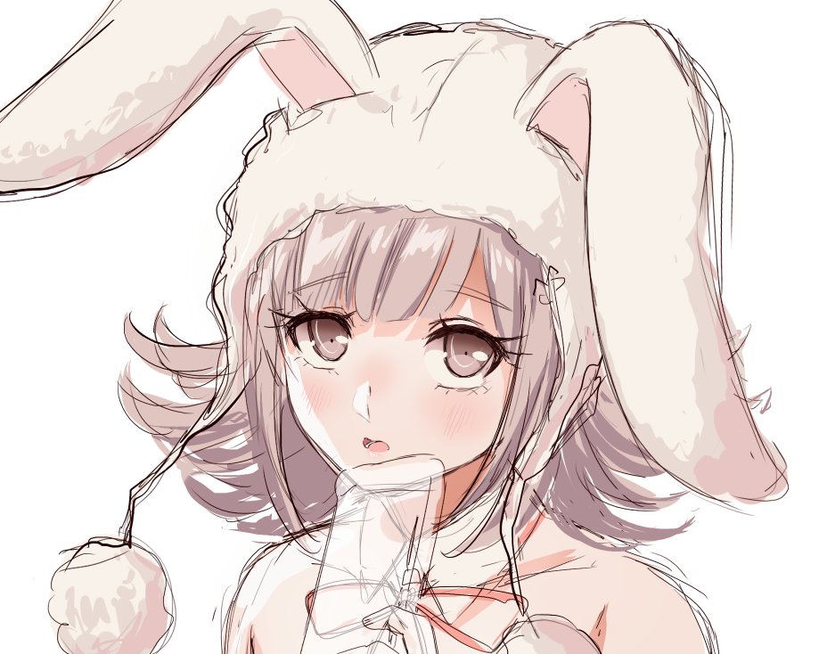 1girl animal_ears animal_hood bangs blush bunny_hood commentary criis-chan dangan_ronpa_(series) dangan_ronpa_2:_goodbye_despair detached_collar english_commentary eyebrows_visible_through_hair flipped_hair hand_up holding hood light_brown_hair looking_at_viewer nanami_chiaki neck_ribbon official_alternate_costume open_mouth pink_eyes portrait red_ribbon ribbon shiny shiny_hair simple_background sketch solo white_background work_in_progress