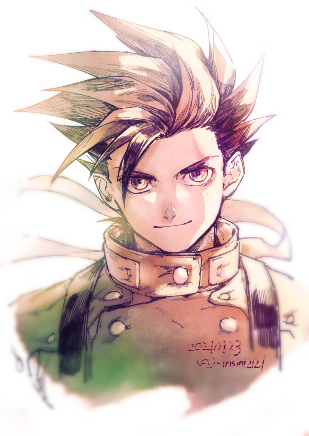 1boy brown_theme cropped_torso dated high_collar jacket lloyd_irving looking_at_viewer male_focus monochrome shin_(sinsin12121) simple_background smile solo spiky_hair suspenders tales_of_(series) tales_of_symphonia twitter_username upper_body
