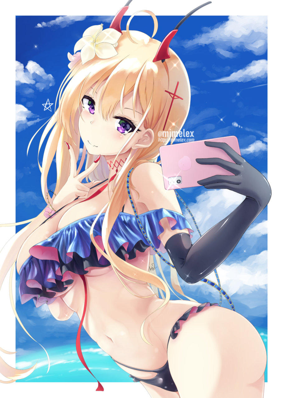 1girl artist_name azur_lane between_breasts bikini breasts cellphone cross_hair_ornament elbow_gloves flower frilled_bikini frills gloves hair_flower hair_ornament highres horns kumano_(azur_lane) kumano_(fancy_waves)_(azur_lane) large_breasts long_hair looking_at_viewer mimelex mismatched_bikini multi-strapped_bikini_bottom multicolored multicolored_bikini multicolored_clothes off-shoulder_bikini off_shoulder oni_horns orange_hair phone red_nails single_elbow_glove smartphone solo strap_between_breasts swimsuit swimwear v violet_eyes yellow_flower