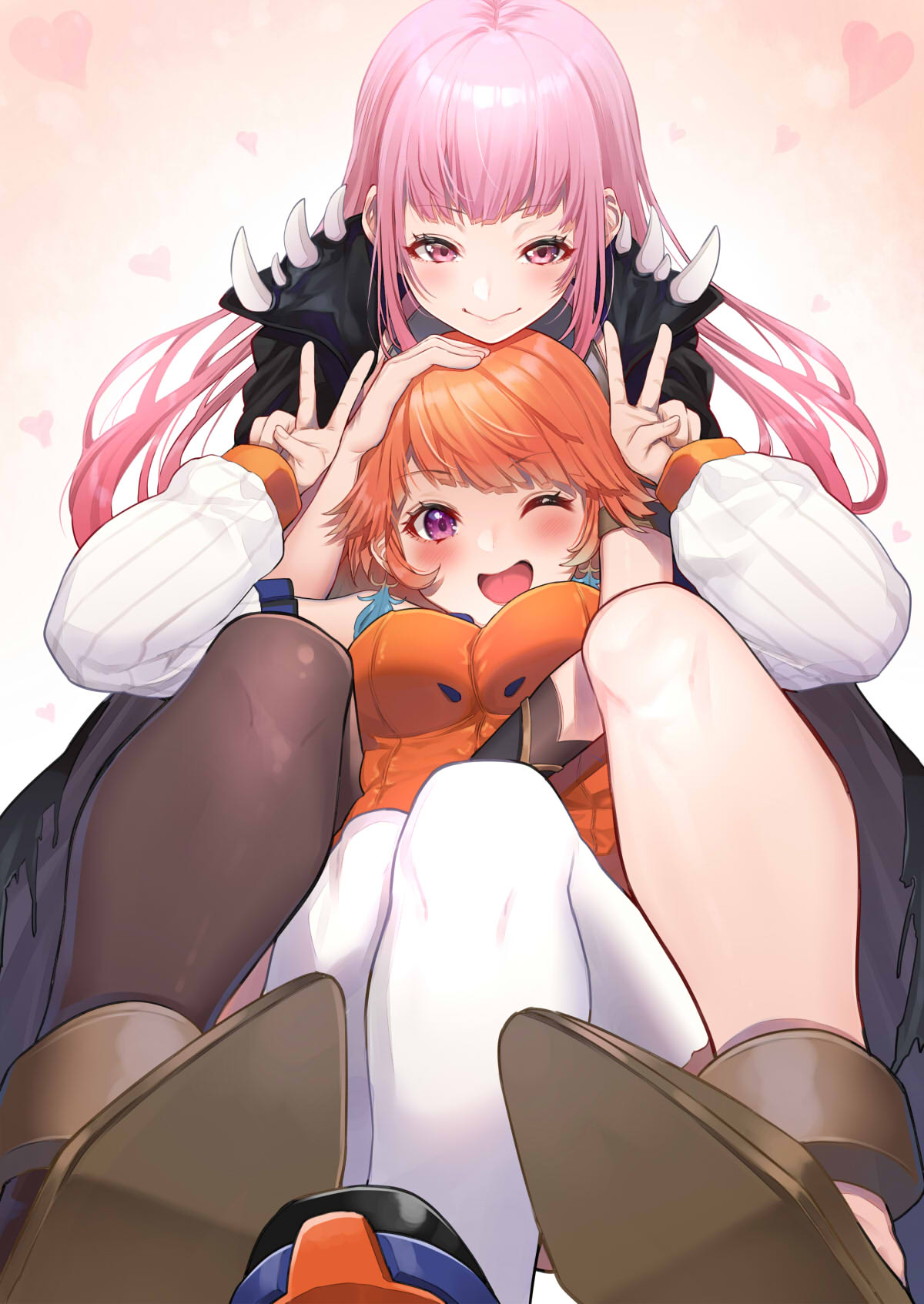 2girls ;d between_thighs blush breasts commentary_request detached_sleeves double_v eyebrows_visible_through_hair floating_hair from_below hand_on_another's_head highres hololive hololive_english light_blush medium_breasts mikan_(chipstar182) mori_calliope multiple_girls one_eye_closed open_mouth orange_hair pink_eyes pink_hair single_thighhigh smile spikes takanashi_kiara thigh-highs v violet_eyes virtual_youtuber yuri