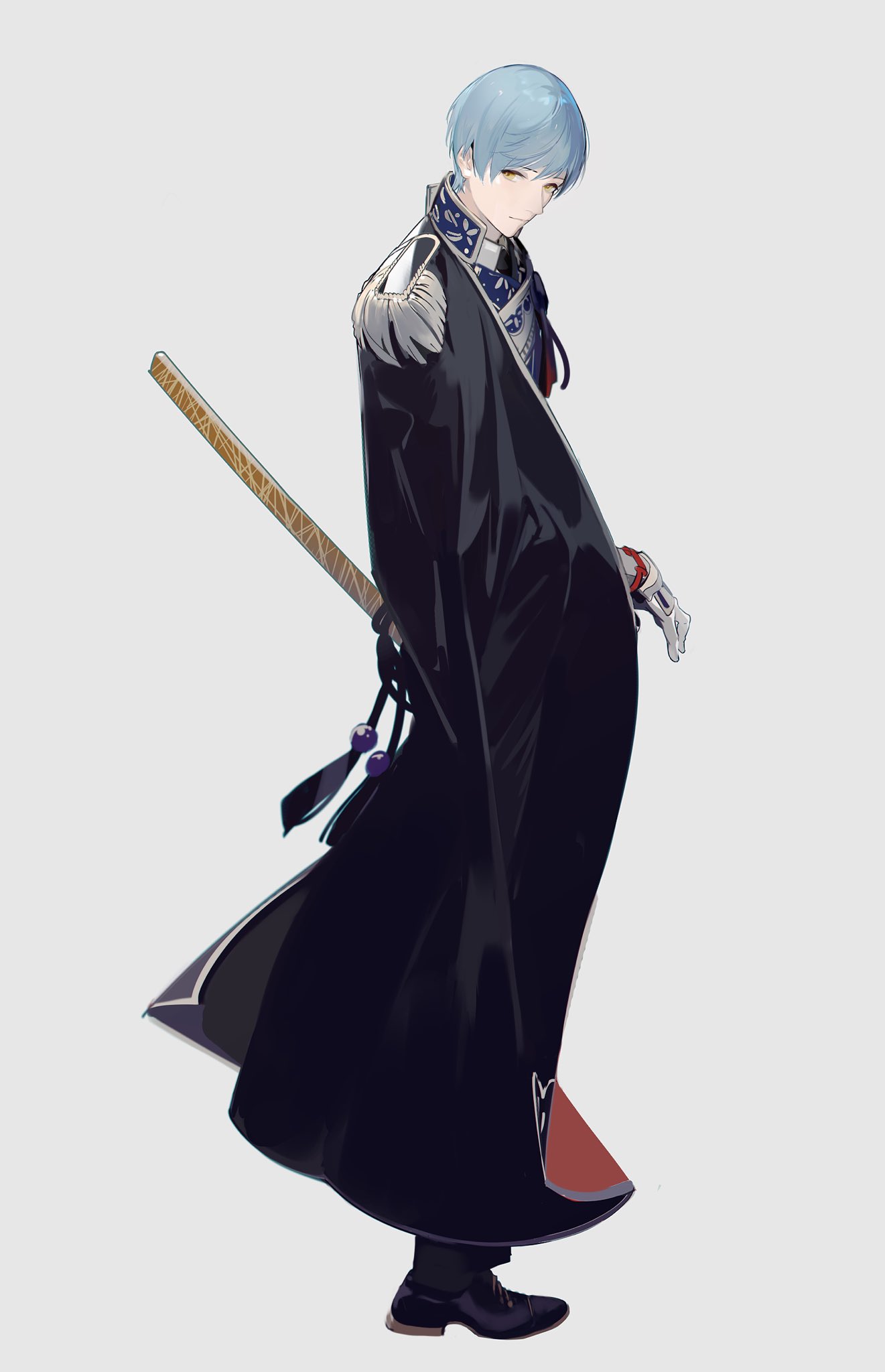 1boy black_cape black_neckwear blue_hair cape check_copyright copyright_request gloves grey_background highres katana male_focus necktie neckwear nineo original scabbard sheath sheathed simple_background solo standing sword weapon white_gloves yellow_eyes