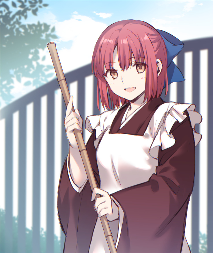 1girl apron bangs blue_bow blush bow broom brown_kimono clouds commentary_request day eyebrows_visible_through_hair frilled_apron frills hair_between_eyes hair_bow hipo holding holding_broom japanese_clothes kimono kohaku_(tsukihime) leaf long_sleeves looking_at_viewer maid maid_apron open_mouth outdoors redhead short_hair sky smile solo tree tsukihime wa_maid white_apron wide_sleeves yellow_eyes