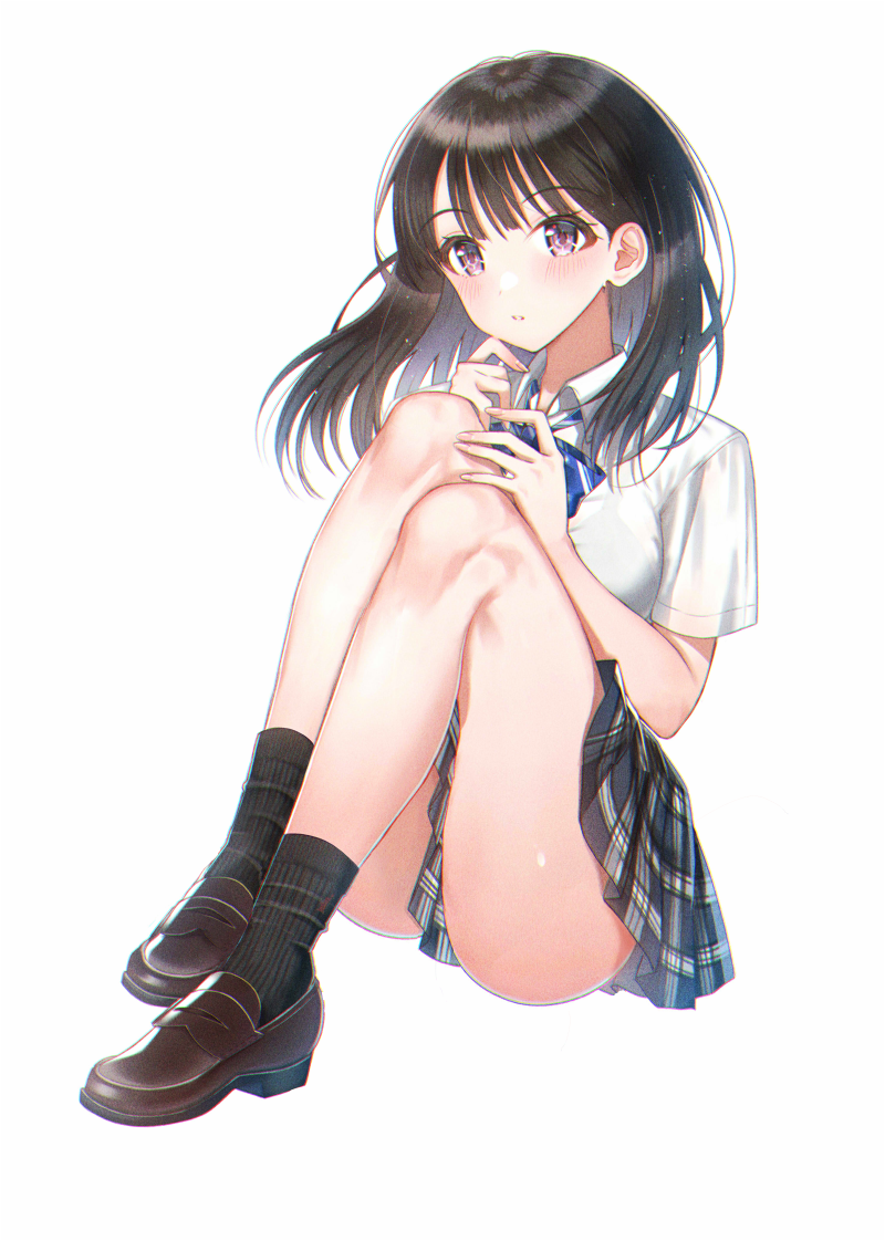 1girl bangs black_hair black_legwear black_skirt blue_bow blush bow breasts brown_footwear collared_shirt commentary_request diagonal_stripes eyebrows_visible_through_hair hands_up knees_up loafers minatoasu original parted_lips plaid plaid_skirt pleated_skirt school_uniform shirt shoes short_sleeves simple_background sitting skirt small_breasts socks solo striped striped_bow violet_eyes white_background white_shirt