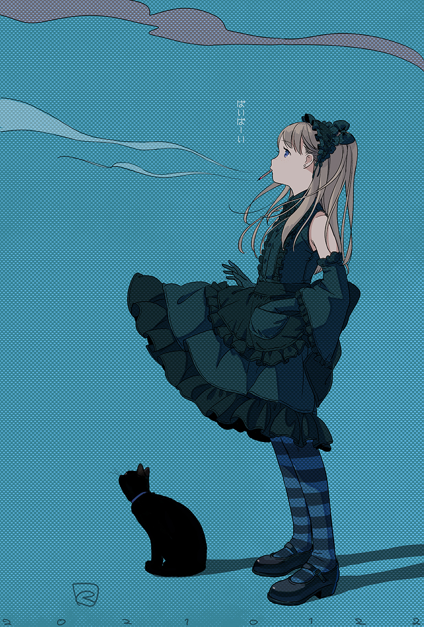 1girl animal bangs bare_shoulders black_cat black_dress black_footwear black_sleeves blue_background blue_eyes brown_hair cat cigarette commentary_request dated detached_sleeves dress eyebrows_visible_through_hair frilled_dress frilled_sleeves frills gothic_lolita highres kokudou_juunigou lolita_fashion long_hair looking_away mary_janes mouth_hold original pantyhose pleated_dress polka_dot polka_dot_background profile shoes sleeveless sleeveless_dress smoke smoking solo standing striped striped_legwear translation_request wide_sleeves