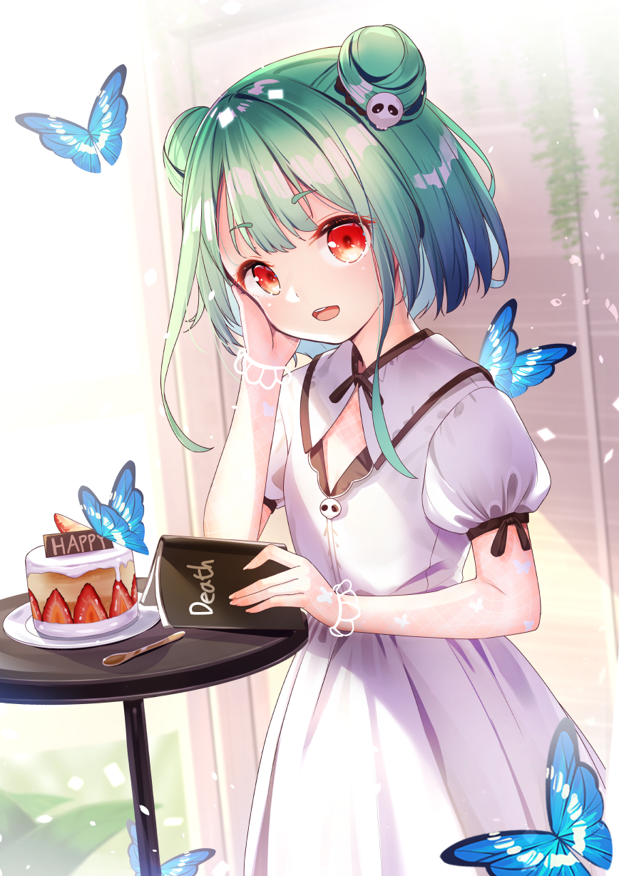 1girl :d animal bangs blush book bug butterfly cake commentary_request dress eyebrows_visible_through_hair food fruit green_hair hair_ornament hand_up highres hololive insect looking_at_viewer open_book open_mouth puffy_short_sleeves puffy_sleeves red_eyes short_sleeves skull_hair_ornament smile solo spoon strawberry table upper_teeth uruha_rushia virtual_youtuber white_dress yan_(nicknikg)