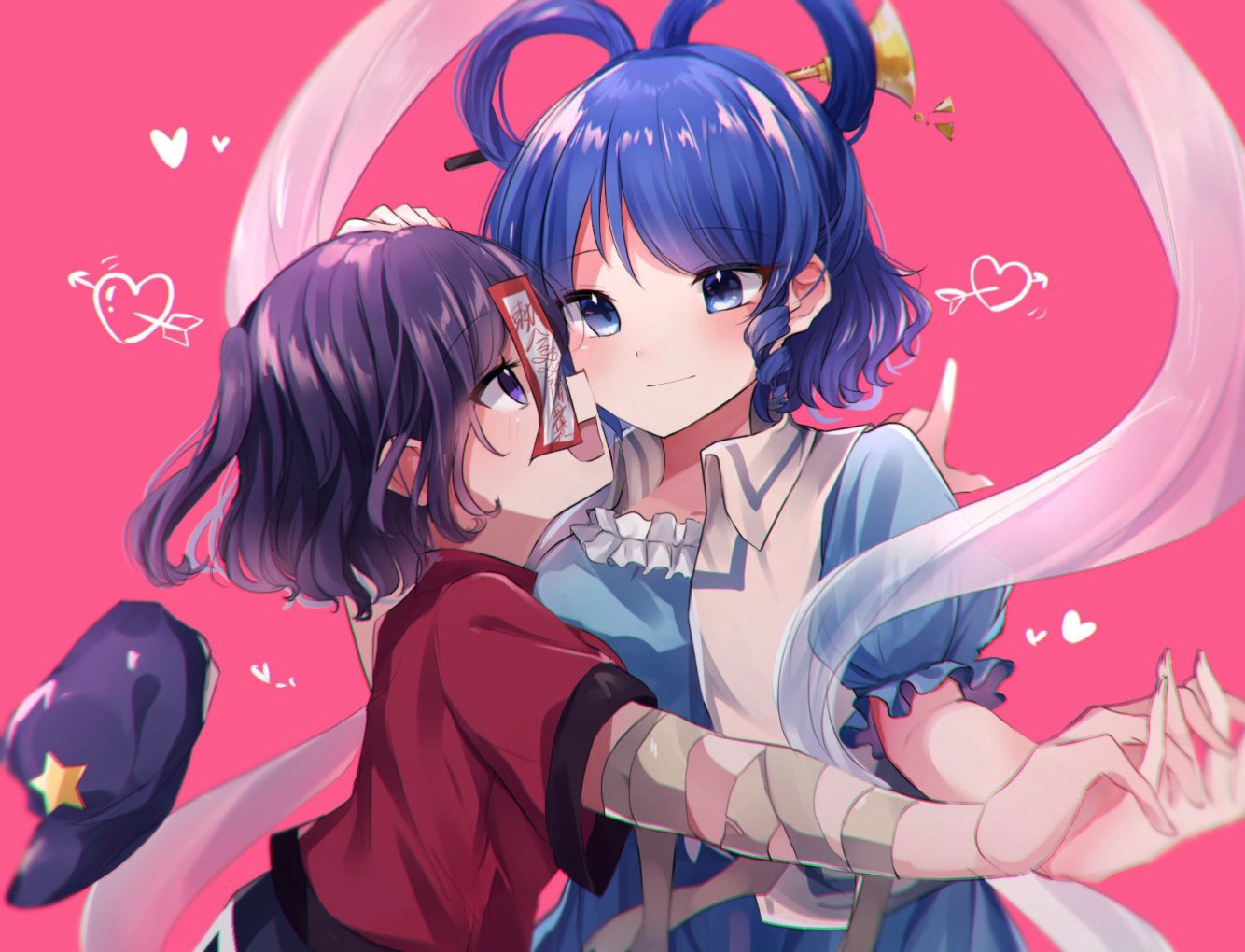 2girls :d alternate_hairstyle arrow_through_heart bandaged_arm bandages bangs blue_dress blue_eyes blue_hair breasts cabbie_hat closed_mouth commentary_request dress drill_hair drill_locks eyebrows_visible_through_hair frills hagoromo hair_ornament hair_rings hair_stick hat hat_ornament hat_removed headwear_removed interlocked_fingers jiangshi kaku_seiga looking_at_another miyako_yoshika moshihimechan multiple_girls ofuda open_mouth pink_background profile puffy_short_sleeves puffy_sleeves purple_hair purple_headwear red_shirt shawl shirt short_hair short_sleeves small_breasts smile star_(symbol) star_hat_ornament touhou twin_drills two_side_up upper_body vest white_vest yuri