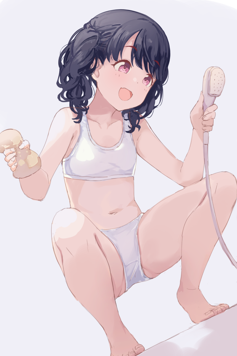 1girl bare_arms bare_legs black_hair bra collarbone commentary_request dutch_angle eyebrows_visible_through_hair fukumaru_koito head_tilt highres hiroki_(yyqw7151) idolmaster idolmaster_shiny_colors legs_apart looking_to_the_side navel open_mouth panties short_hair short_twintails shower_head simple_background smile solo sponge sports_bra squatting stomach twintails underwear violet_eyes white_background white_bra white_panties