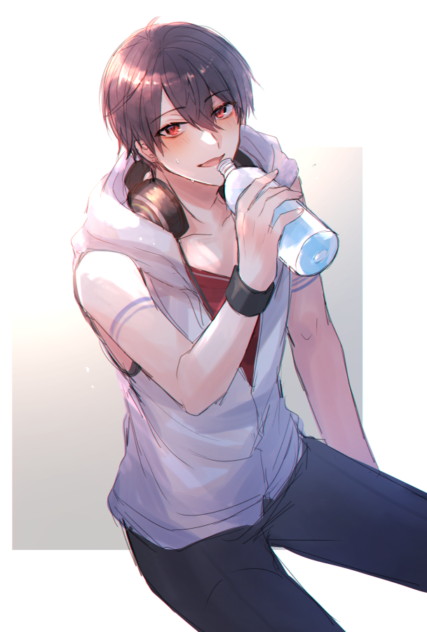 1boy :d bangs bare_arms bare_shoulders black_hair black_pants blush bottle collarbone eyebrows_visible_through_hair hair_between_eyes hand_up headphones headphones_around_neck holding holding_bottle hood hood_down hooded_jacket jacket looking_at_viewer male_focus nijisanji open_mouth pants red_eyes red_shirt shikino_yuki shirt sitting sleeveless sleeveless_jacket sleeveless_shirt smile solo sweat virtual_youtuber water water_bottle white_jacket yumeoi_kakeru