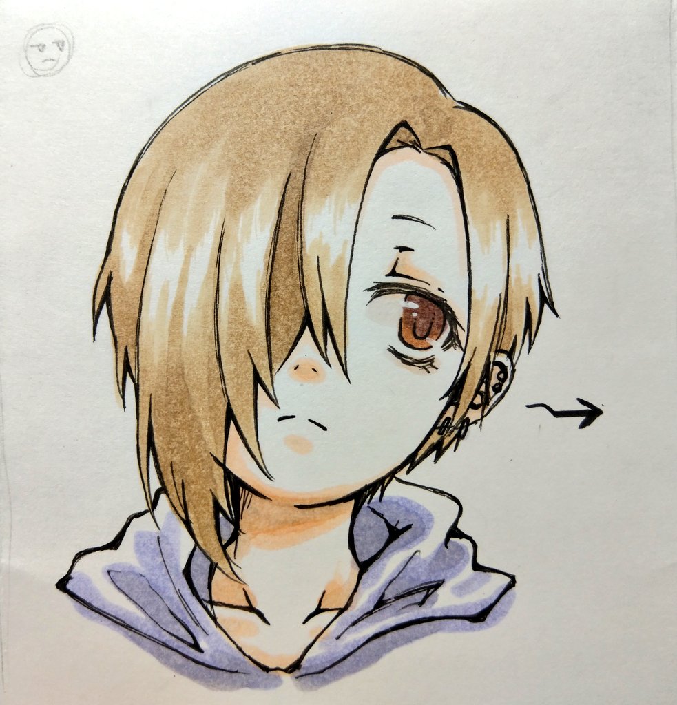 1girl arrow_(symbol) blonde_hair brown_eyes ear_piercing hair_over_one_eye hood hoodie idolmaster idolmaster_cinderella_girls mutsuki_(t_mu-na) piercing portrait shirasaka_koume short_hair sideways_glance solo