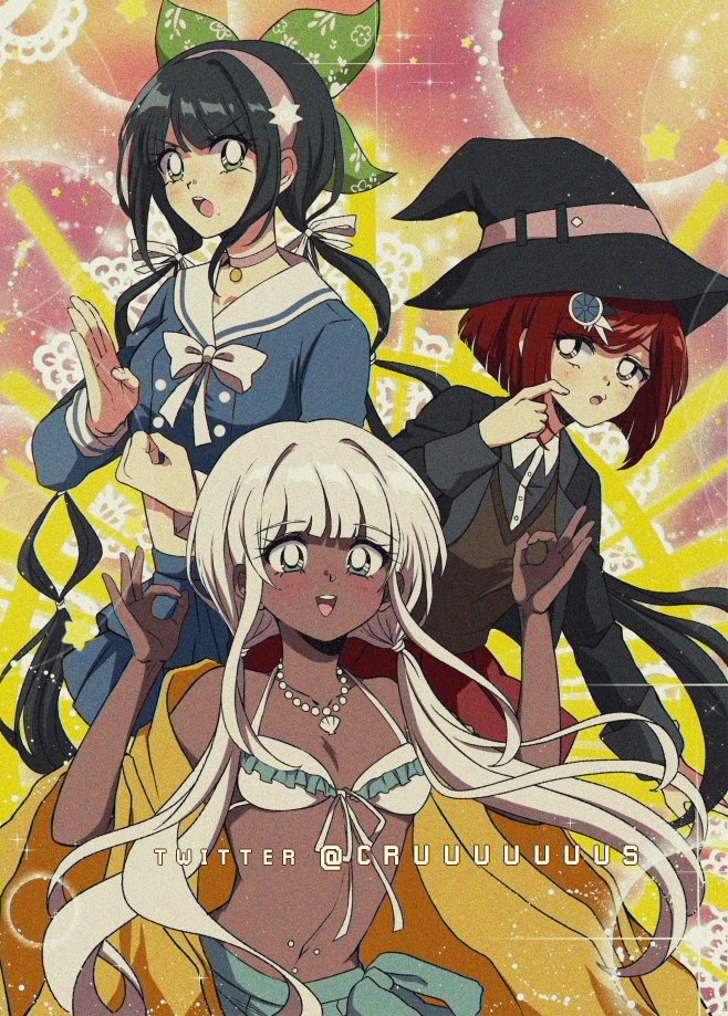 1990s_(style) 3girls bangs bare_shoulders black_hair black_headwear black_jacket blush breasts brown_vest chabashira_tenko choker commentary criis-chan dangan_ronpa_(series) dangan_ronpa_v3:_killing_harmony dark_skin dark-skinned_female embarrassed eyebrows_visible_through_hair green_eyes hair_ornament hair_ribbon hairband hand_up hands_up hat jacket jewelry long_hair looking_at_viewer low_twintails mole mole_under_mouth multicolored multicolored_background multiple_girls navel necklace open_mouth pleated_skirt red_skirt redhead ribbon sailor_collar school_uniform scratching_cheek short_hair skirt small_breasts smile star_(symbol) stomach twintails twitter_username very_long_hair vest white_choker white_ribbon witch_hat yonaga_angie yumeno_himiko