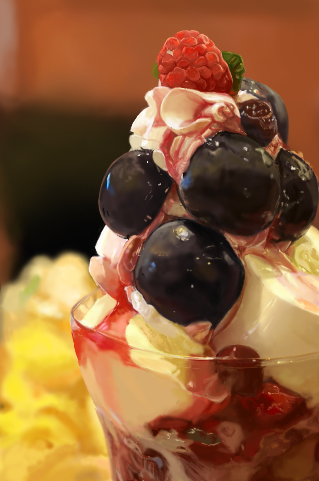 7/11_(fukuso) blueberry blurry blurry_background cup food food_focus fruit glass highres ice_cream no_humans original raspberry still_life