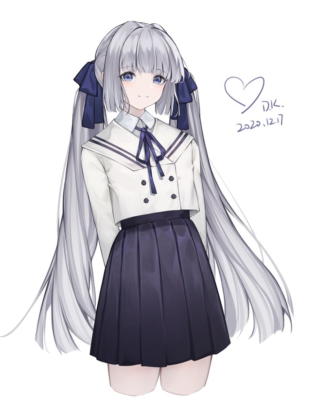 1girl arms_behind_back blue_ribbon blue_skirt buttons closed_mouth collared_shirt daichengqi eyebrows_visible_through_hair grey_hair hair_ribbon high-waist_skirt long_hair long_sleeves neck_ribbon original pleated_skirt ribbon sailor_collar shirt skirt smile solo twintails white_background white_shirt