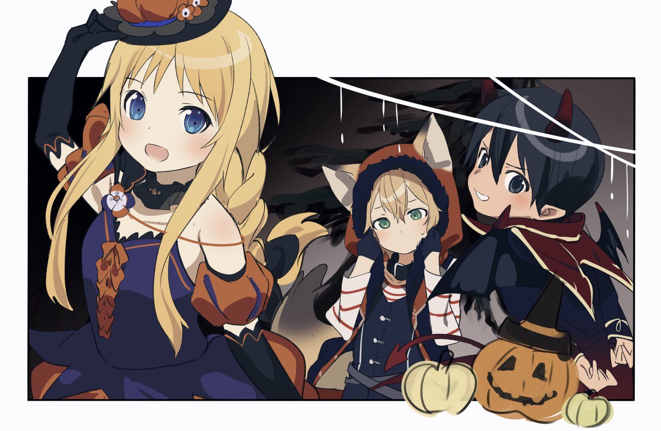 1girl 2boys :d alice_zuberg animal_ears animal_hood arm_up bangs bare_shoulders black_dress black_gloves black_hair blonde_hair blue_eyes blush border commentary_request demon_horns demon_wings detached_sleeves dress elbow_gloves eugeo fake_animal_ears fake_horns gloves green_eyes grin halloween halloween_costume hat hood hood_up horns jack-o'-lantern kirito kochi_(wwwkyck) long_hair looking_at_viewer multiple_boys open_mouth outside_border puffy_short_sleeves puffy_sleeves pumpkin short_hair short_sleeves smile sword_art_online sword_art_online:_alicization white_border wings wolf_ears younger