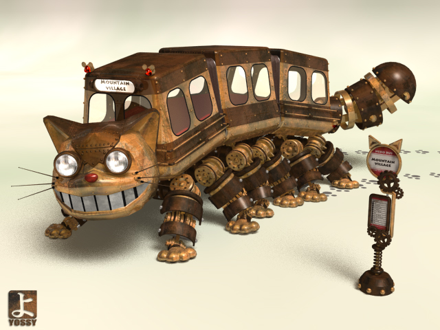 3d animal_ears artist_name bus_stop cat_ears cat_tail character_name commentary_request english_text footprints full_body gears grin looking_at_viewer mechanization nekobus no_humans road_sign shadow sign simple_background smile solo steampunk tail tonari_no_totoro walking whiskers yossy_(yos02tak)