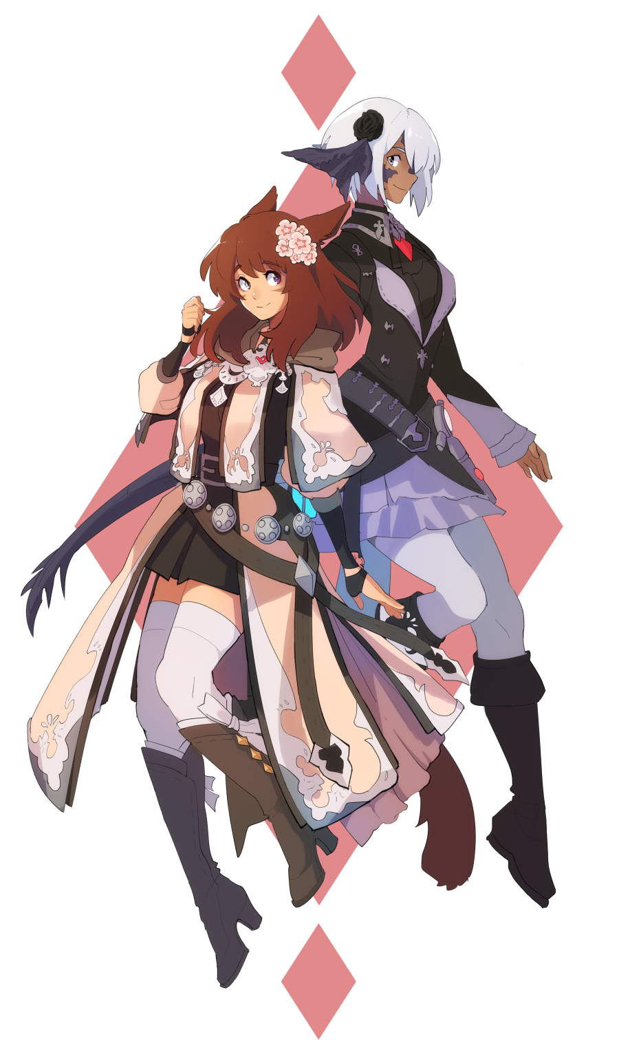 2girls animal_ears au_ra azuumori black_footwear black_jacket black_skirt boots brown_footwear brown_hair cat_ears cat_tail closed_mouth commentary commission dark_skin dark-skinned_female english_commentary final_fantasy final_fantasy_xiv flower hair_flower hair_ornament high_heel_boots high_heels highres horns jacket long_sleeves looking_at_viewer medium_hair miniskirt miqo'te multiple_girls original pantyhose pink_flower skirt smile tail thigh-highs white_hair white_legwear