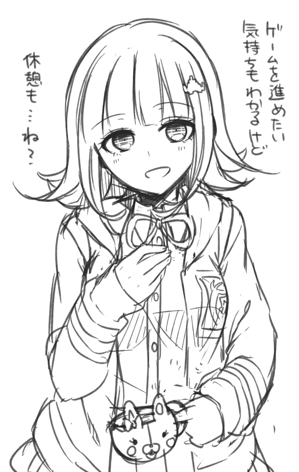 1girl :d bag bangs character_print commentary_request cowboy_shot cup dangan_ronpa_(series) dangan_ronpa_2:_goodbye_despair dress_shirt eyebrows_visible_through_hair flipped_hair greyscale hair_ornament highres holding holding_cup jacket long_sleeves looking_at_viewer monochrome monomi_(dangan_ronpa) nanami_chiaki neck_ribbon nico_(nico_alice) open_clothes open_jacket open_mouth pleated_skirt ribbon shirt short_hair simple_background skirt smile solo translation_request
