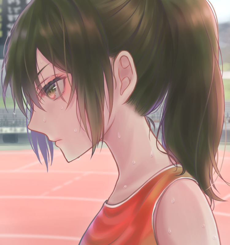 1girl brown_hair green_eyes neck ponytail sport sweat sweating track_and_field track_uniform