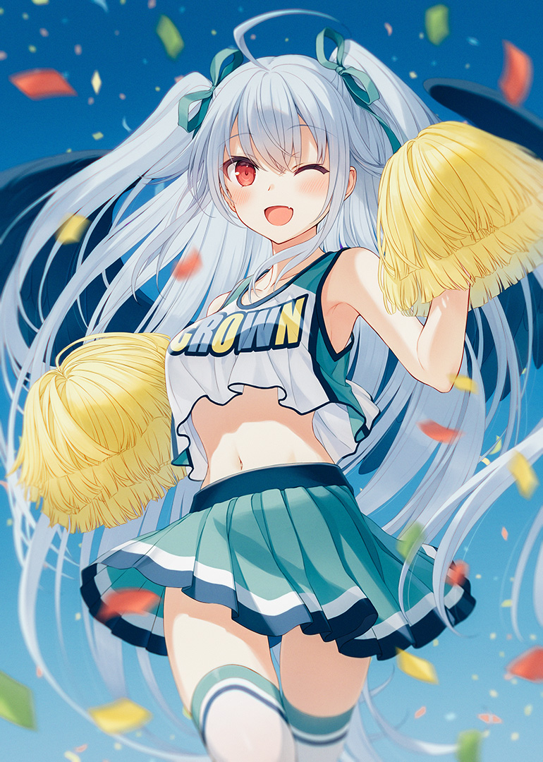 1girl ;d ahoge armpits bare_arms bare_shoulders blue_skirt breasts cheerleader clothes_writing confetti cowboy_shot crop_top crop_top_overhang fang hair_ribbon hand_up holding holding_pom_poms long_hair looking_at_viewer medium_breasts midriff miniskirt navel one_eye_closed open_mouth original pleated_skirt pom_poms red_eyes ribbon shirt silver_hair skirt sleeveless sleeveless_shirt smile solo thigh-highs two_side_up very_long_hair white_legwear white_shirt yashiro_seika zettai_ryouiki