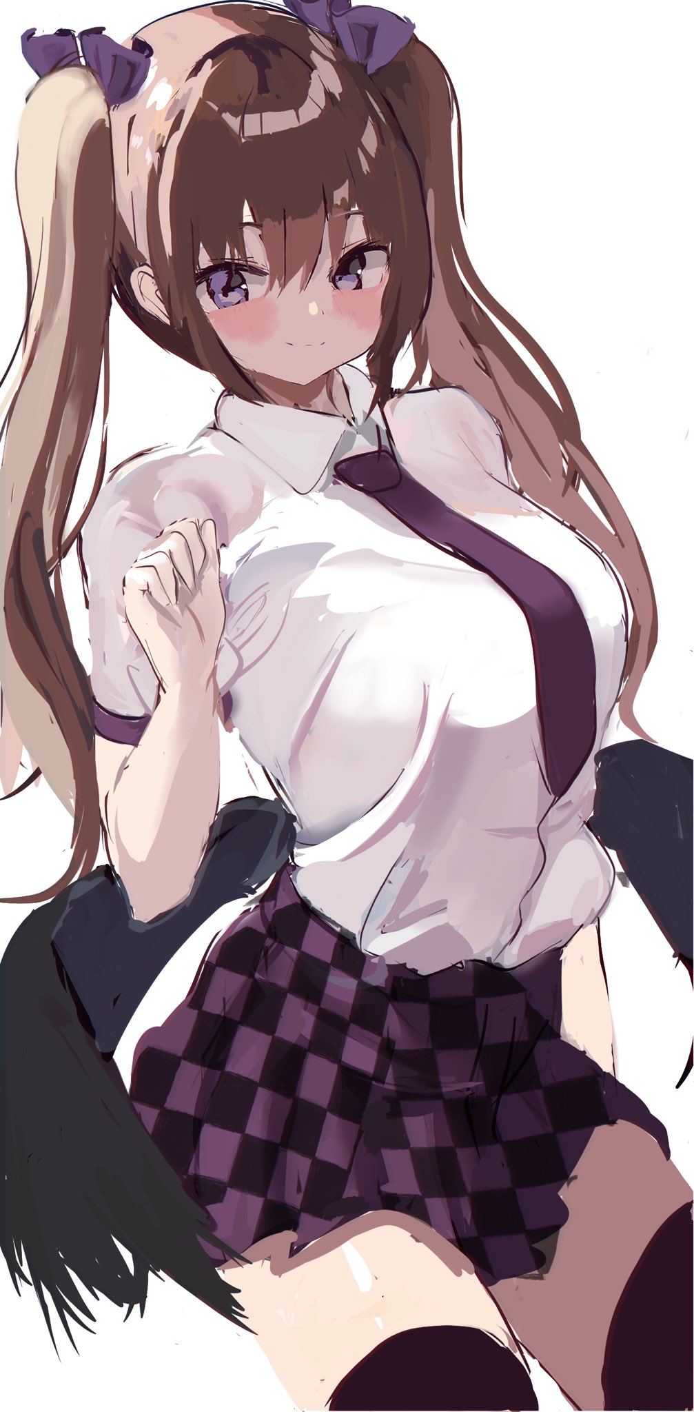 1girl bangs bird_wings black_legwear black_skirt blush breasts brown_hair checkered checkered_skirt closed_mouth collared_shirt commentary_request eyebrows_behind_hair feet_out_of_frame hair_between_eyes hair_ribbon hand_up highres himekaidou_hatate large_breasts long_hair necktie no_hat no_headwear purple_neckwear purple_ribbon purple_skirt ribbon shirt short_sleeves simple_background skirt smile solo suzunooto_shirasu thigh-highs touhou twintails violet_eyes white_background white_shirt wings zettai_ryouiki