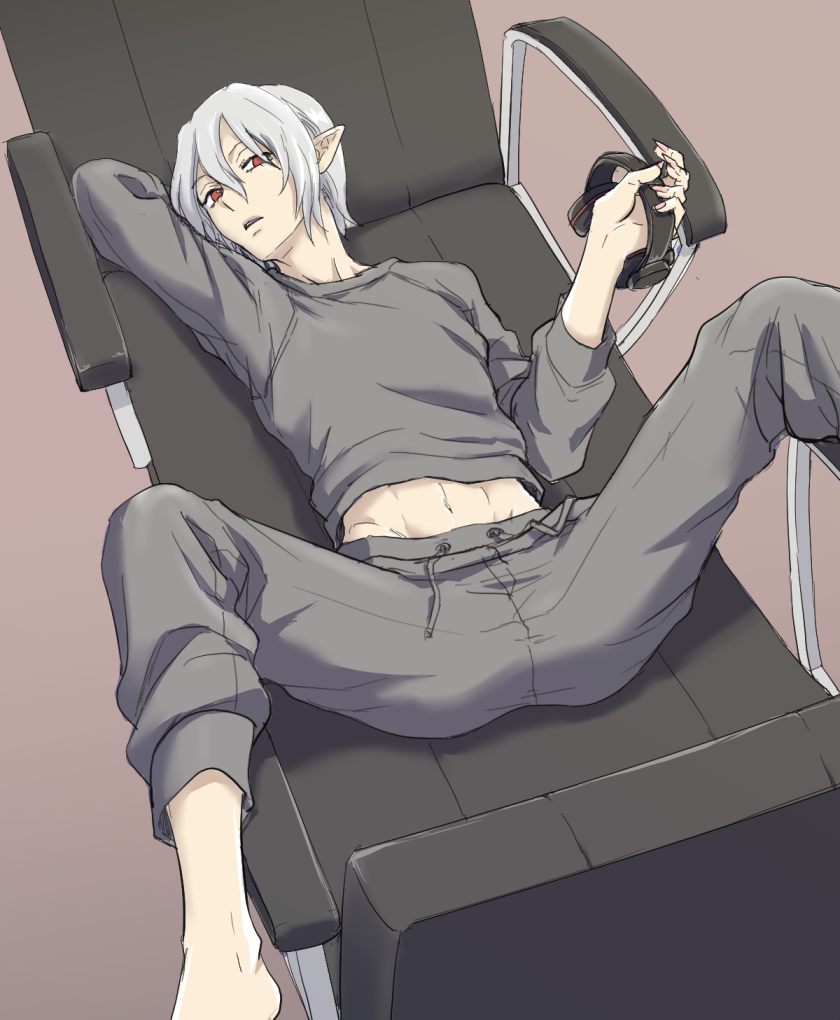 1boy arm_up barefoot chair feet_out_of_frame grey_hair grey_pants grey_shirt hair_between_eyes headphones headphones_removed kemono_jihen looking_at_viewer lying male_focus mihai_florescu moyo_(inuchiyo) navel on_back pants pointy_ears red_eyes shirt simple_background spread_legs