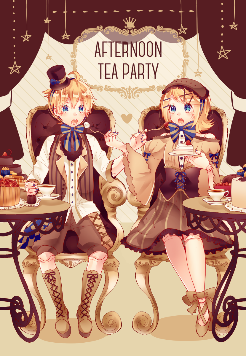 1boy 1girl ahoge bangs blonde_hair blue_bow blue_eyes blue_neckwear boots bow bowtie brown_dress brown_vest cake chair commentary cross-laced_footwear crown cup doily dress english_text feeding food fork frilled_dress frills fruit full_body hair_ornament hairclip hat headdress heart highres holding holding_cup holding_fork kagamine_len kagamine_rin knee_boots kneehighs lace-up_boots mini_hat mini_top_hat mutual_feeding open_mouth razuko_(raspberry_aaa) shirt short_hair sitting star_(symbol) strawberry striped striped_bow sweets swept_bangs tea_party teacup top_hat vest vocaloid white_legwear white_shirt x_hair_ornament