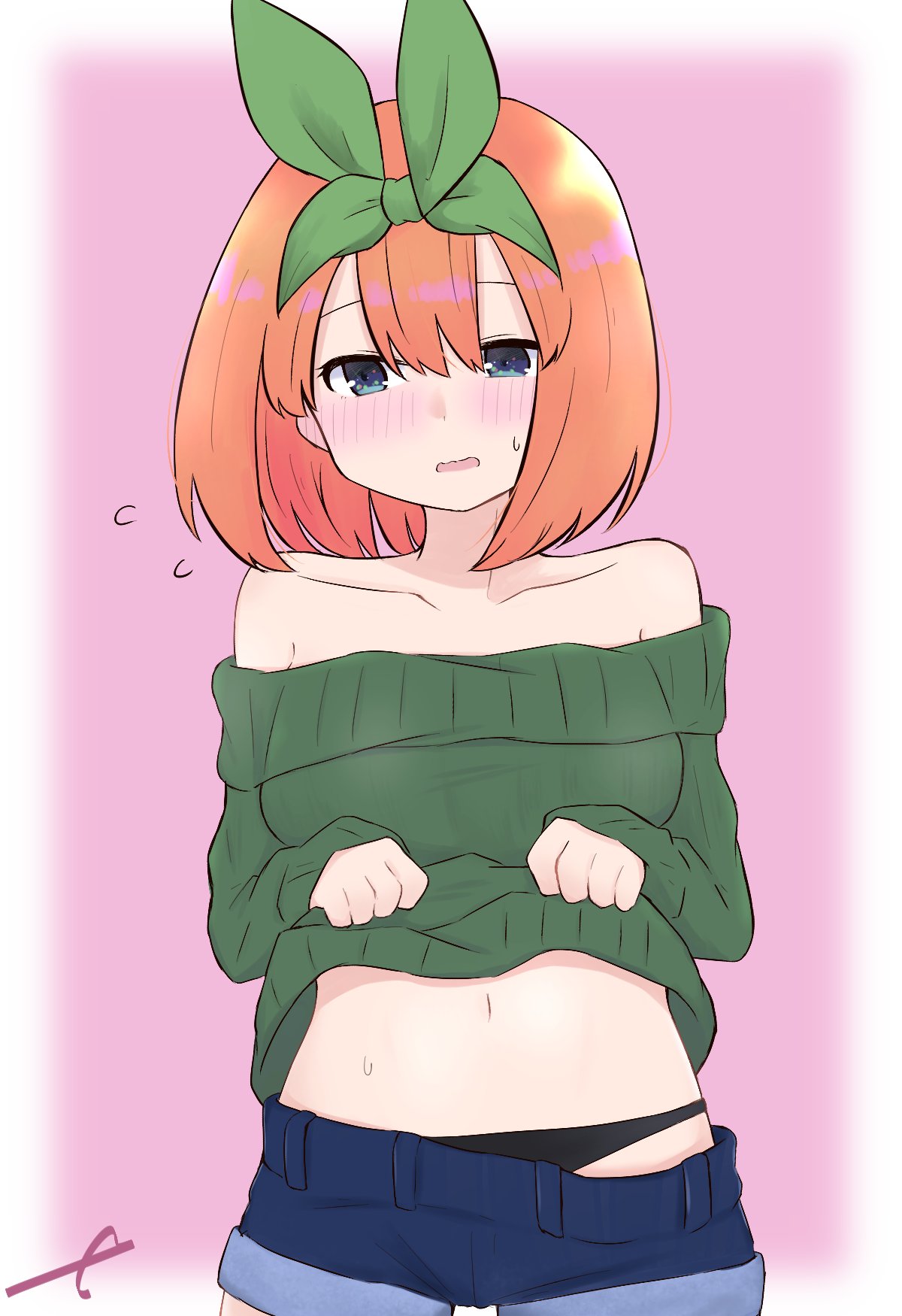 1girl bangs bare_shoulders black_panties blue_shorts blush breasts clothes_lift collarbone commentary_request cowboy_shot eyebrows_behind_hair flying_sweatdrops go-toubun_no_hanayome green_ribbon green_sweater hair_between_eyes hair_ribbon highres kujou_karasuma lifted_by_self looking_away looking_to_the_side medium_breasts nakano_yotsuba navel off-shoulder_sweater off_shoulder orange_hair panties parted_lips pink_background ribbon short_shorts shorts shorts_pull signature solo sweat sweater sweater_lift underwear wavy_mouth