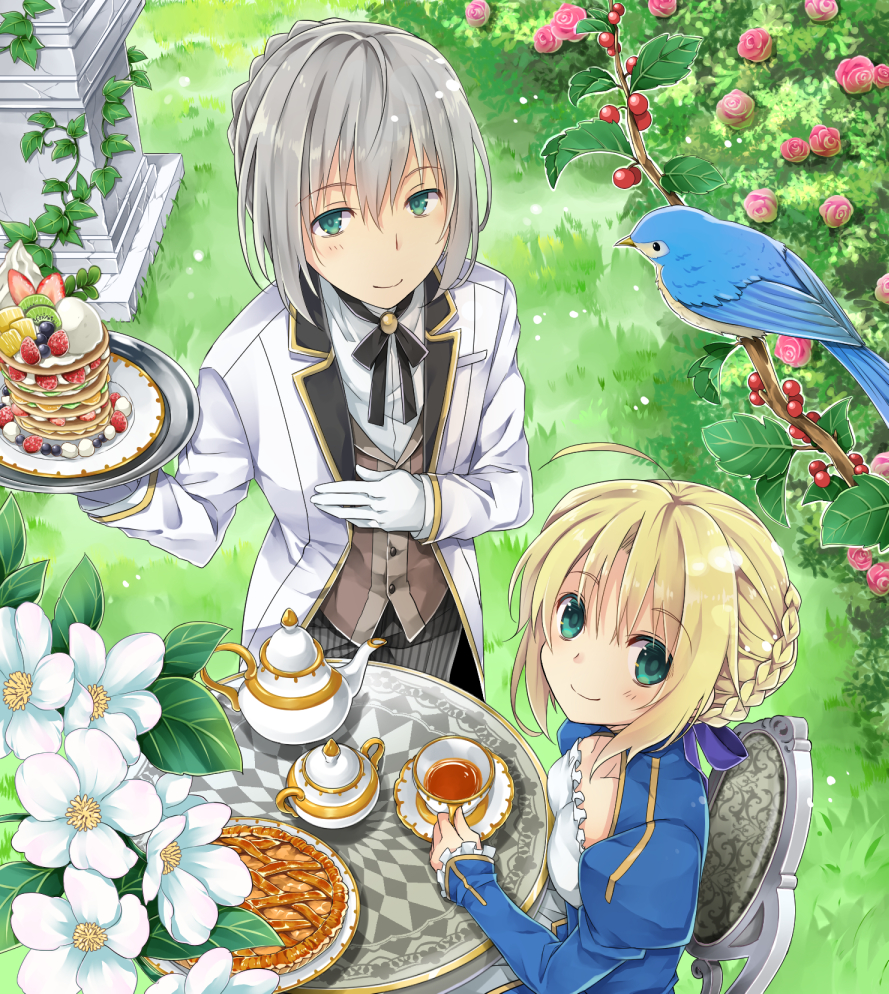 1boy 1girl ahoge alternate_costume aqua_eyes artoria_pendragon_(all) bedivere berries bird blonde_hair braid braided_bun branch breasts cake chair clothing_cutout cup dress fate/grand_order fate/stay_night fate_(series) flower food formal fruit gloves hair_ribbon jacket long_sleeves neck_ribbon outdoors pie ribbon saber silver_hair small_breasts smile sweets table tamaoka_kagari tea teacup teapot tray vest waiter white_flower