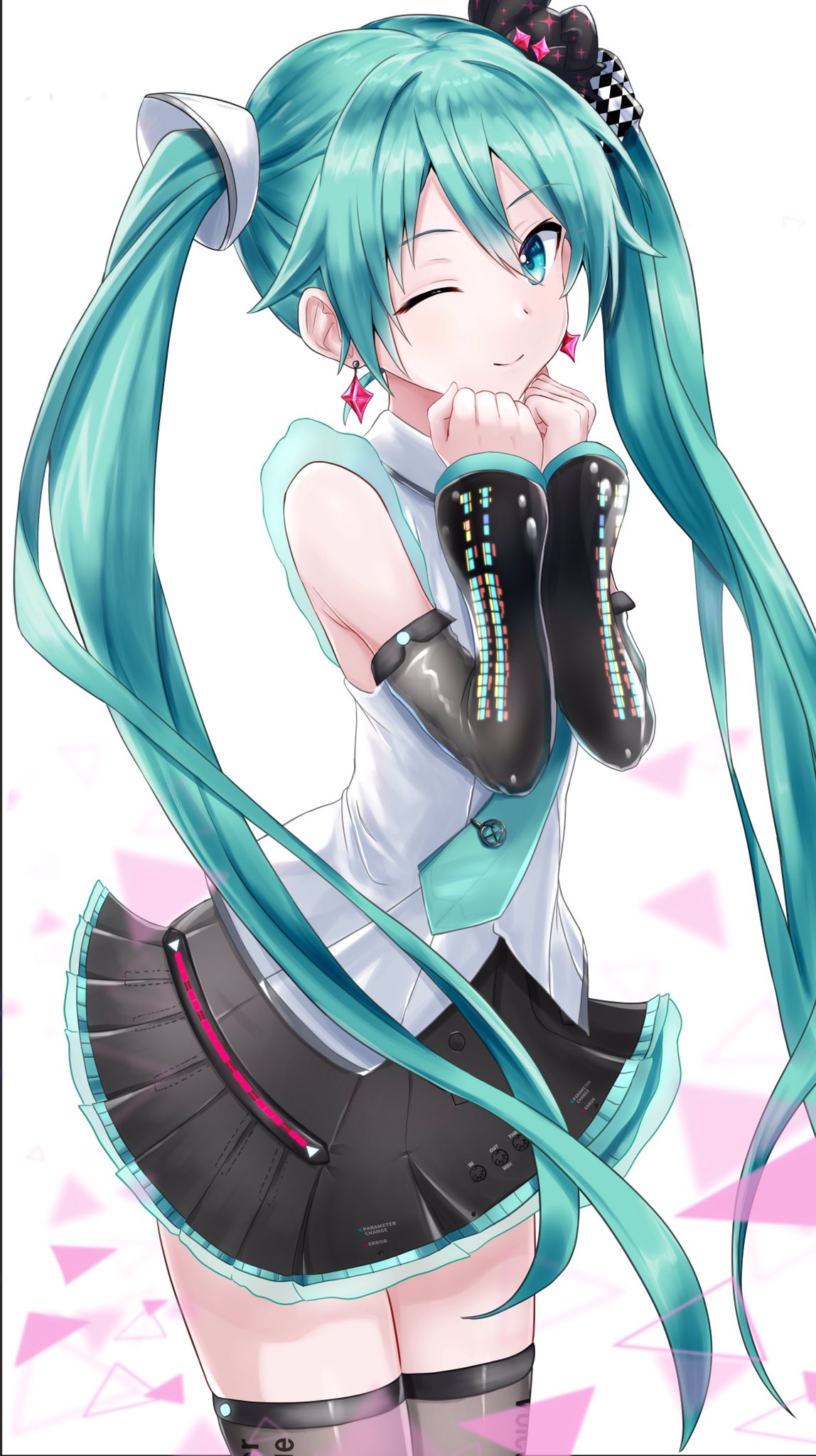 1girl aqua_eyes aqua_hair aqua_neckwear bare_shoulders black_legwear black_skirt black_sleeves blurry blurry_background bow commentary cowboy_shot detached_sleeves earrings hair_bow hair_ornament hands_on_own_chin hands_together hatsune_miku hatsune_miku_(vocaloid4) highres itogari jewelry long_hair looking_at_viewer miniskirt necktie one_eye_closed pleated_skirt project_sekai see-through_legwear shirt skirt sleeveless sleeveless_shirt solo thigh-highs triangle twintails v4x very_long_hair vocaloid white_background white_shirt zettai_ryouiki