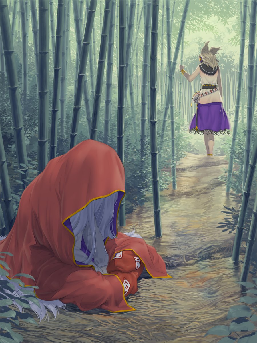 2girls bamboo bamboo_forest between_legs blonde_hair bracelet cloak commentary_request day earmuffs facing_away forest fujiwara_no_mokou gold_trim hand_between_legs hand_up head_down highres indian_style jewelry long_hair long_sleeves medium_hair multiple_girls nature ofuda_on_clothes outdoors pants pointy_hair purple_skirt red_cloak red_pants sash shinburu shirt silver_hair sitting skirt sleeveless sleeveless_shirt touhou toyosatomimi_no_miko v_arms very_long_hair walking white_shirt