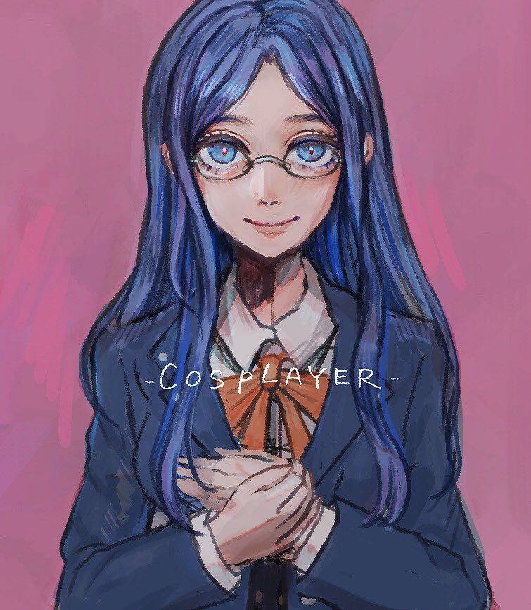 1girl ami_(amm_mi315) bangs blue_eyes blue_hair blue_jacket closed_mouth collared_shirt commentary_request dangan_ronpa_(series) dangan_ronpa_v3:_killing_harmony glasses hands_together jacket long_hair long_sleeves looking_at_viewer own_hands_together parted_bangs pink_background ribbon shirogane_tsumugi shirt smile solo upper_body white_shirt