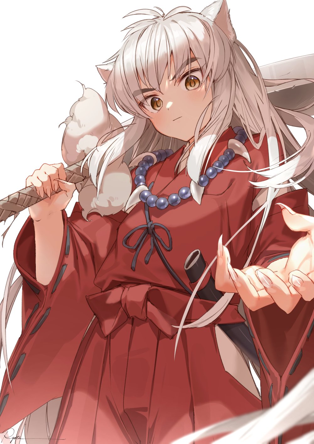 1boy animal_ears bead_necklace beads blush brown_eyes claws closed_mouth dog_ears eyebrows_visible_through_hair eyes_visible_through_hair fingernails highres holding holding_sword holding_weapon inuyasha inuyasha_(character) jewelry long_fingernails long_hair long_sleeves male_focus necklace over_shoulder ryota_(ry_o_ta) scabbard sharp_fingernails sheath signature simple_background solo sword sword_over_shoulder unsheathing weapon weapon_over_shoulder white_background white_hair wide_sleeves