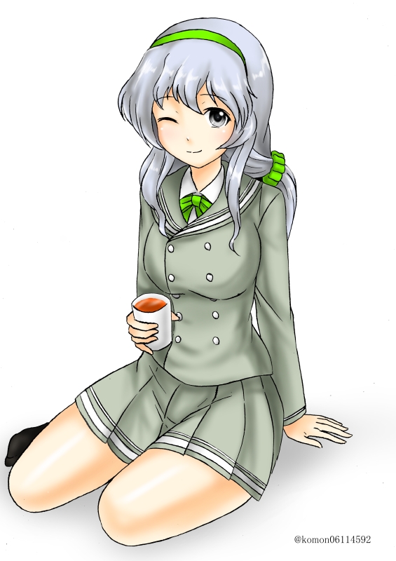 1girl blazer commentary_request double-breasted glass green_hairband grey_eyes grey_sailor_collar grey_skirt hairband jacket kantai_collection kudou_(ooabareteng) long_hair looking_at_viewer official_alternate_costume one_eye_closed pleated_skirt sailor_collar sidelocks silver_hair simple_background sitting skirt solo wavy_hair white_background yamagumo_(kantai_collection) yokozuwari